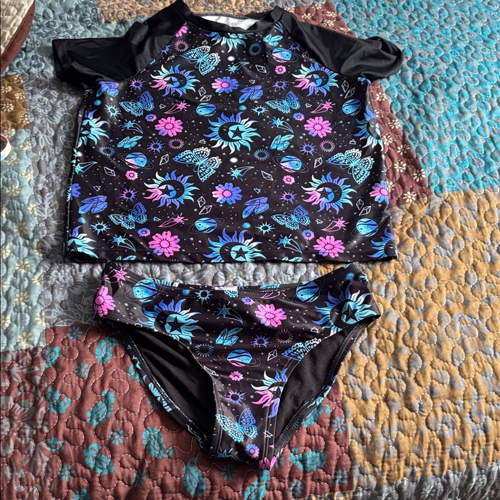 Kids Floral Rashguard Set - Black and Blue